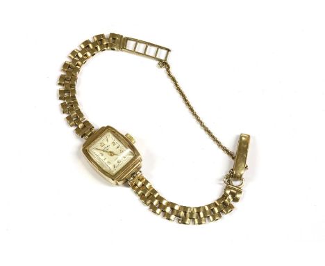 A ladies 9ct gold Rotary mechanical bracelet watch, silvered dial, Arabic and pointer markers, on a three row brick bracelet,
