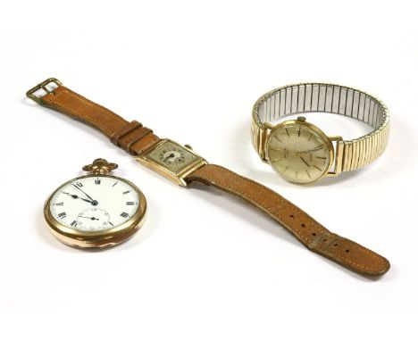 A gentlemen's Art Deco 9ct gold Laco mechanical strap watch, a rolled gold Selezi open faced pocket watch, white enamel dial 