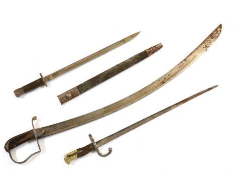 An early 20th century bayonet stamped 'Sandais 1907', with original scabbard, 43cm long, and a French bayonet and sabre (3)