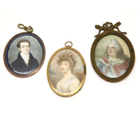 Early 19th century schoolPORTRAIT OF A GENTLEMAN, BUST LENGTH,  IN A BLUE COATMiniature on ivory62 x 50mm;and two further por