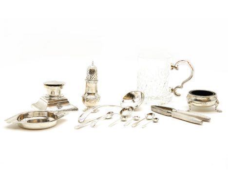 A quantity of silver items, to include a silver inkwell, a George III silver salt with hoof feet, silver handled nut cracker,