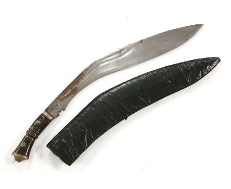 A large Kukri, with hardwood handle, embellished with inlaid decoration, with fitted leather scabbard, length 66cm