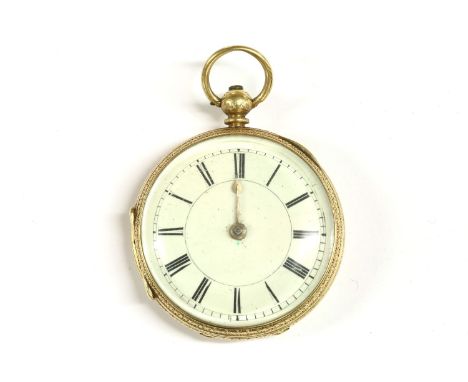 An 18ct gold Roylet Ronson open faced pocket watch, white enamel dial, Roman numerals, engraved decoration and presentation c