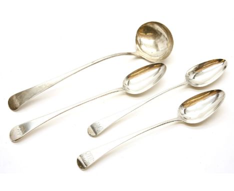 Three Georgian old English pattern basting spoons and a ladle, by William and John Fisher London 1797, by Stephen Adams, Lond