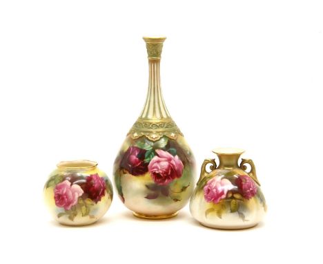 A Royal Worcester vase, the long fluted neck over a bulbous body decorated with roses, together with two smaller vases