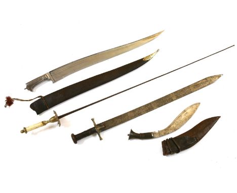 Four various bladed weapons, comprising: a Persian sword, the blade etched with Arabic calligraphy, 74cm long, a Persian curv