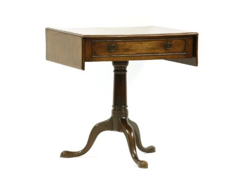 A small drop leaf sofa table, on cabriole leg base and pad feet, 69cm wide, 55cm deep, 72cm high