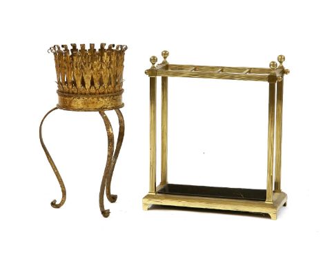 A brass stick stand, 53cm and a pressed metal plant stand