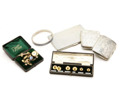 A collection of jewellery, to include a silver lilac guilloche enamel bangle, Birmingham 1922, three silver cigarette cases, 