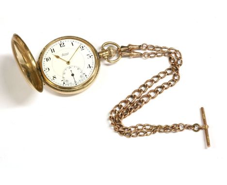 A 9ct gold Hunter pocket watch, a white enamel dial signed Limit, with Arabic numerals and subsidiary seconds dial, and a 9ct