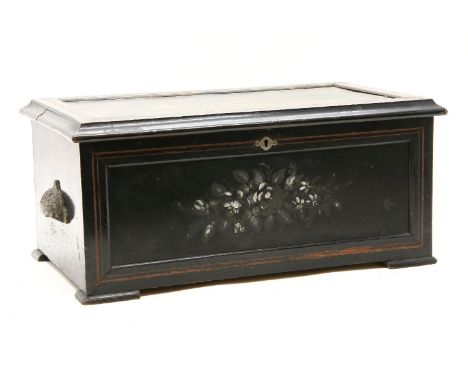 A Victorian japanned  bells in view musical box, playing ten airs, with three butterfly strikers, with cast brass handles, 49