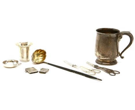 A collection of hallmarked silver items, to include a Christopher Nigel Laurence wine taster, a Danish Grunn and Laglye beake