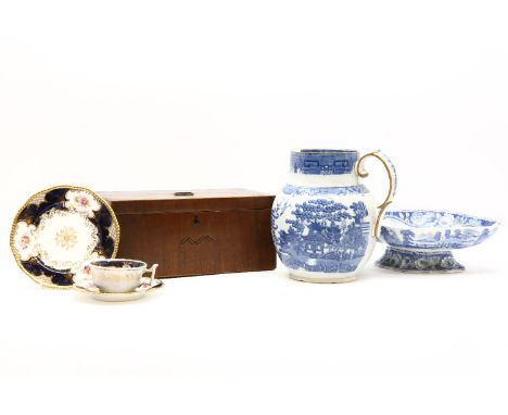A Coalport tea service with hand painted foliate decoration, together with a George III mahogany tea caddy and various china 