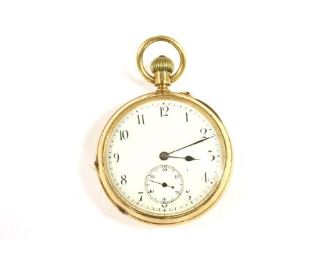 An 18ct gold open faced top wind pocket watch, with white enamel dial, Arabic numerals and subsidiary seconds dial, movement 