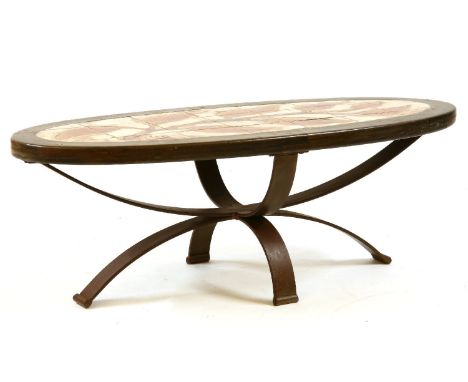 A 1970's tile top oval coffee table, 118cm long