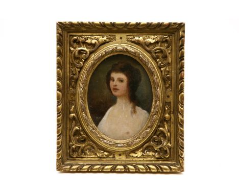 A small oval miniature portrait of a lady, signed with initials 'HW', in a gilt frame. Image 10.5 x 8cm