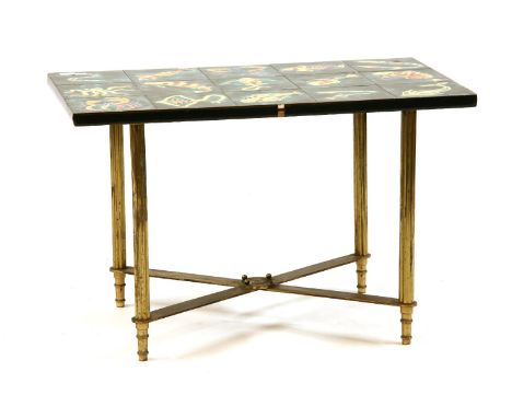 A French tile top table, with different fish painted on a turquoise ground, 76cm long, 46cm deep, 49.5cm high