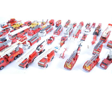 A large collection of 50+ assorted Fire Engine related diecast models to include Dinky, Matchbox, CEF (French), Ertl, Playart