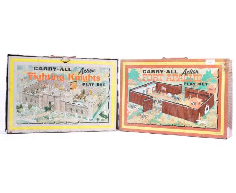 Two rare original Lous Marx / Marx Toys made ' Carry All ' plastic / lead soldier tinplate carry cases. Comprising ' Fort Apa