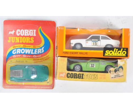 A collection of x3 original vintage Corgi and Solido diecast model cars. Comprising of Corgi Whizzwheels Ford GT70, Corgi Jun