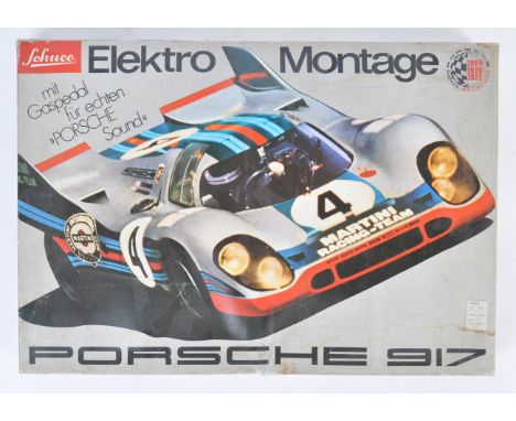 An original vintage Schuco Elektro 1/16 scale precision Porsche 917 plastic model car kit. Appears ready assembled and comple