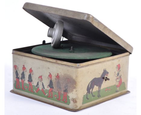 A rare original 20th Century German Bing made ' Pigmyphone ' tinplate childs record player within original case. Litho print 
