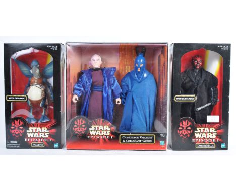 A collection of x3 Hasbro made Star Wars Episode I boxed 12" 1/6 scale action figures, to include; Darth Maul, Watto and a Ch