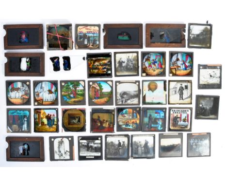 An interesting collection of antique 19th century Victorian glass Magic Lantern slides. Various slides present, most in colou