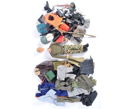An collection of original vintage Palitoy made Action Man accessories. Various uniforms including Helicopter Flight Suit, Tan