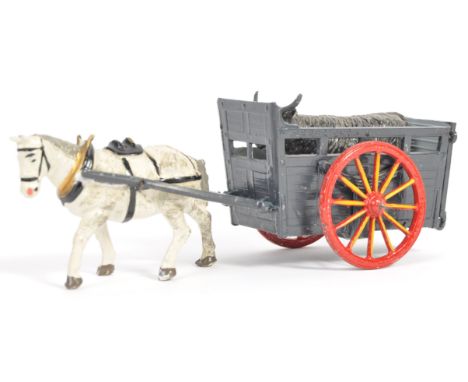 A charming vintage Britains (or possibly Johillco) made lead Tumbrel Cart with Bullock. Shire horse lead figure, attached to 
