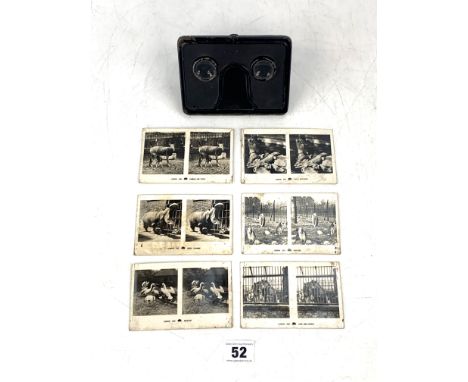 Stereoscope with 6 viewing cards from London Zoo, 5" w x 3.5"d