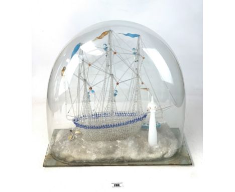 Nailsea glass scene of sailing ship, small ship and lighthouse under glass dome, 18"w x 8"d x 18"h