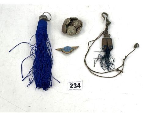 Assorted military buttons (inc. CD), blue tassel, tassel, and Pan Am badge