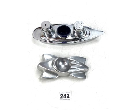 Metal boat shaped condiment set with salt &amp; pepper pots and blue mustard liner, and metal racing car shaped egg cup