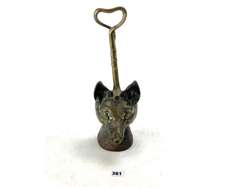 Antique heavy brass fox mask and whip doorstop or porter, 15" high