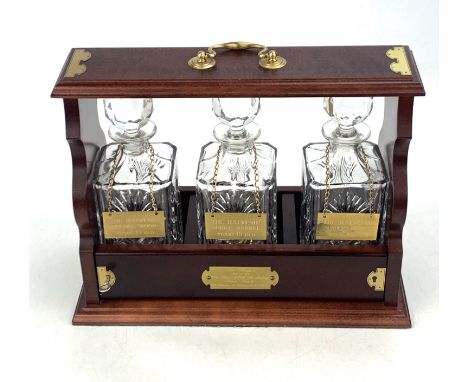 Tantalus with 3 cut glass bottles with Balvenie brass labels, lock and key, 16" long x 12"h