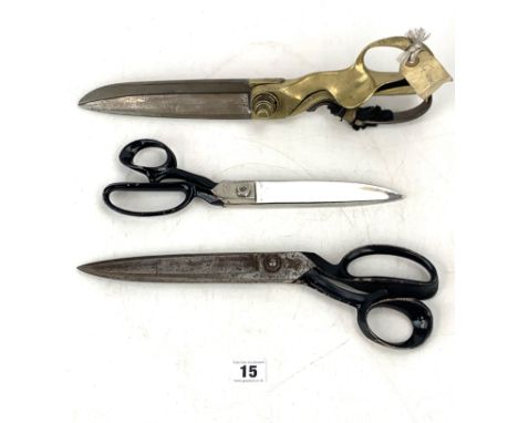 3 large pairs of tailoring shears -  marked T. Wilkinson &amp; Sons, Makers Sheffield, 15", 13" &amp; 12" long