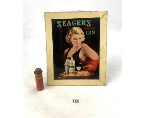 Vintage cardboard standing sign 'Seagers Special Dry Gin', 9.5"w x 12"h and tin of Dunlop Dusting Chalk