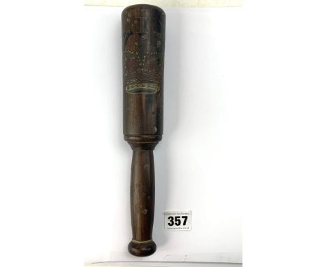 Handpainted Victorian wooden truncheon, painted with crown and VR I, 11" long