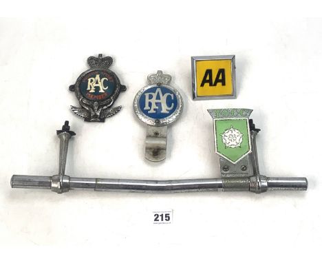 4 vintage metal car badges - AA, RAC, RAC Motor Sport Member and Y.S.C.C. On metal bar