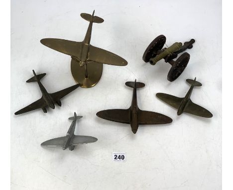 Brass airplane on stand, 3 brass airplanes, metal airplane and brass cannon on iron carrier