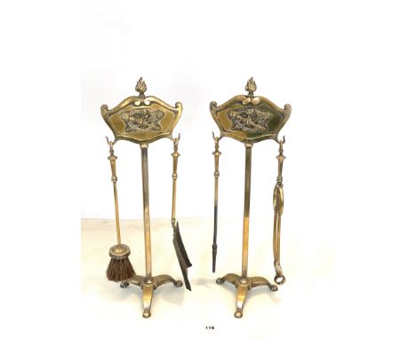2 brass fire iron stands with poker, tongs, brush &amp; shovel 26" high