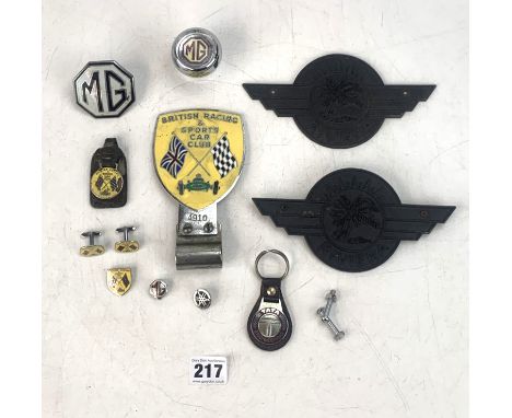 British Racing &amp; Sports Car Club metal badge, keyring, pair of cufflinks and lapel badge, MG car badge, gear stick handle