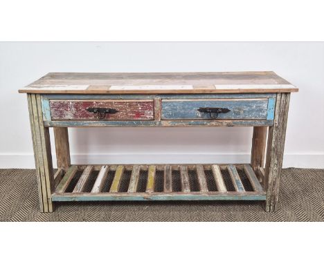 CONSOLE TABLE, distressed in a salvaged effect polychrome wood finish, 143cm W x 44cm D x 78cm H.