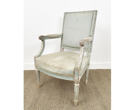 FAUTEUIL, 19th century French carved blue and white painted frame, 95cm H x 60cm W x 58cm D.