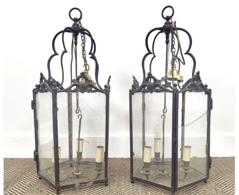 HALL LANTERNS, a pair, each with three branch light, 69cm H approx not including chains and fixings. (2)