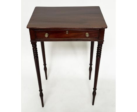 SIDE TABLE, Regency mahogany with frieze drawer and ring turned slender tapering supports, 51cm W  x 38cm D x 76cm H.