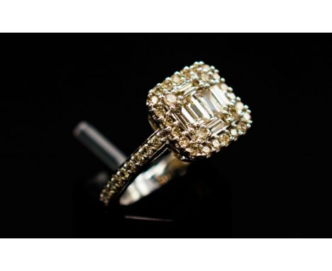 9CT WHITE GOLD SQUARE RBC AND BAGUETTE DIAMOND CLUSTER RING, diamonds 1.00ct.