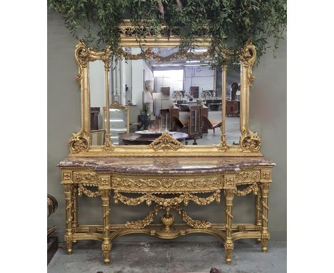 CONSOLE TABLE, ornate gilt base with red marble top and matching gilt mirror, 242cm H x 199cm x 65cm. (2)