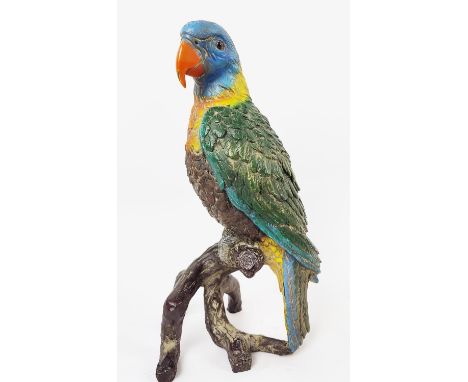 CONTEMPORARY SCHOOL PARROT SCULPTURE, in painted bronze, 28cm H.